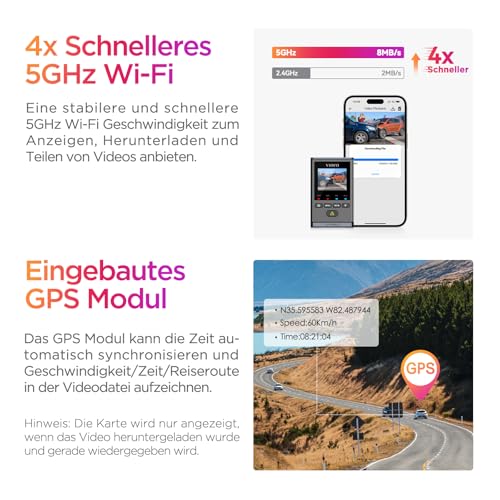 VIOFO Dashcam A119 Mini 2, Front 2,7K 5GHz Wi-Fi, 2K 60fps/HDR 30fps Sprachsteuerung, STARVIS 2 Verbesserte Nachtsicht, 1,5 LCD Versteckte Dash Cam Auto, GPS Autokamera, 24h Parkmodus, Sprachausgabe