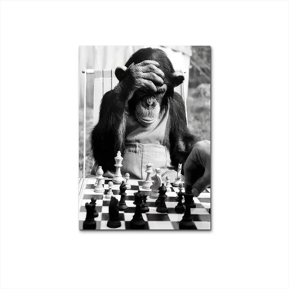 AEFOUU Classic Vintage Animal Wall Art Monkey Playing Chess Canvas Printed Poster Home Living Room Decor Painting(20x35cm/8x14in/Frameless)