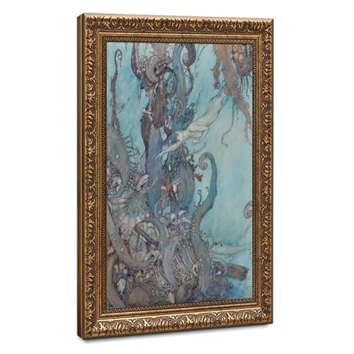 Poster Little Mermaid Edmund Dulac : impression sur toile 61x91,4 cm avec cadre suspendu