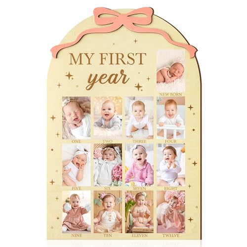 Image of R HORSE My First Year Photo Frame Board, 3D Pink Bow Display Wood Board, Baby’s First Year 12 Months Milestone Sign 1st Birthday Frame Nursery Decor Keepsake Gift for Boy Girl