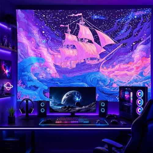 Image of BlissYard Psychedelic Ocean Ship Black Light Tapestry UV Reactive Trippy Sea Wave Wall Hanging 78x59 Inch Neon Sailing Scene Starry Sky Decor For Bedroom Living Room Dorm Party Decoration