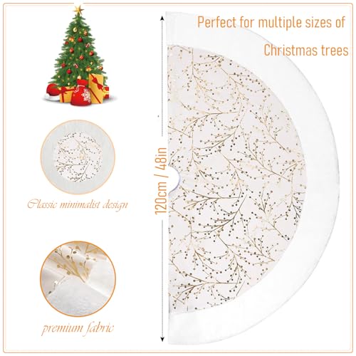 White-Gold Christmas Tree Skirt, White Faux Fur Plush Trim, Embellished with Golden Branches Pattern, Big Thick Velvet Xmas Tree Mat for Home Decoration, Gold Santa Skirt for Trees