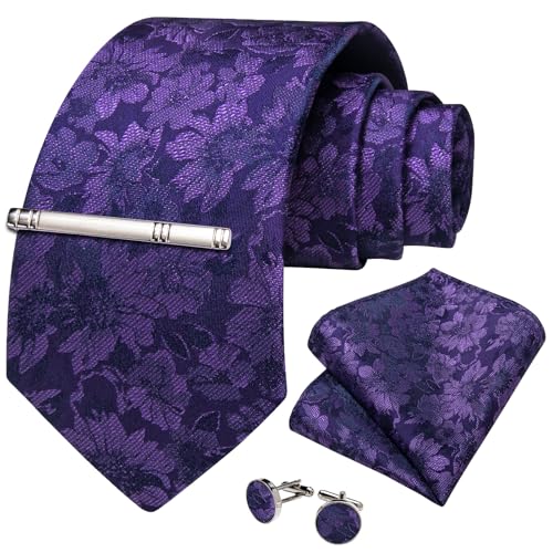 Image of DiBanGu Silk Floral Ties for Men Woven Paisley Necktie and Tie Clip Handkerchief Cufflinks Set for Party Wedding