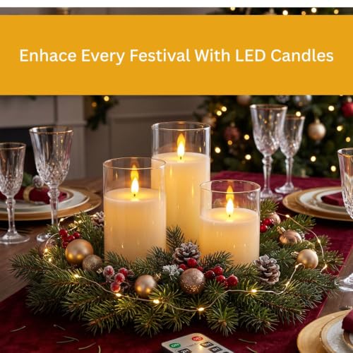 Image of LTETTES Real Wax LED Glass Pillar Flameless Rechargeable Candles | Transparent Glass | USB Type-C Charging Cable | Remote Control Included | Home Decor & Gifting | Set of 3 (H-4 inch,5 inch,6 inch x D-3 inch)