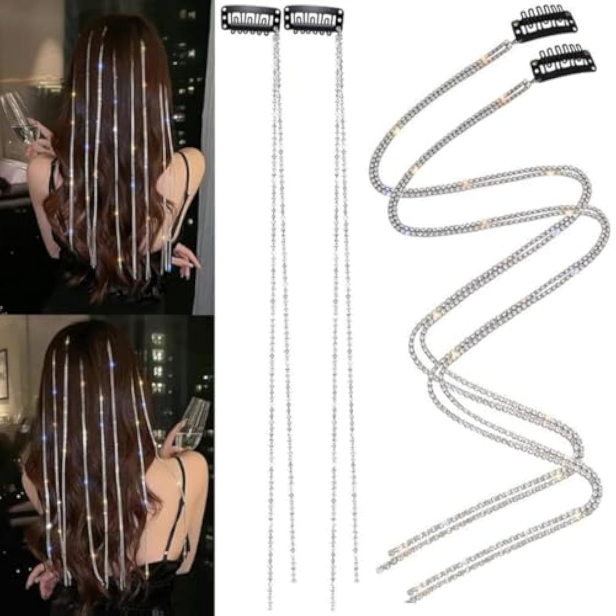 4 pcs Rhinestone Hair Chains, Silver Crystal Punk Hair Clips