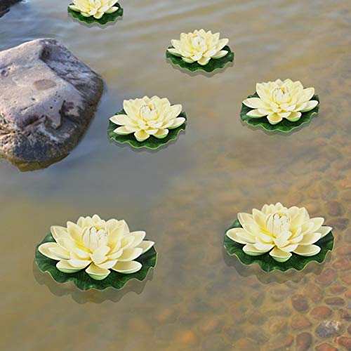 Image of Sunm Boutique Artificial Floating Foam Lotus Flowers, Artificial Water Lily Pads, Lotus Lilies Pad Ornaments for Patio Koi Pond Pool Aquarium Home Garden Wedding Party Garden Decor, 6Pcs, Ivory