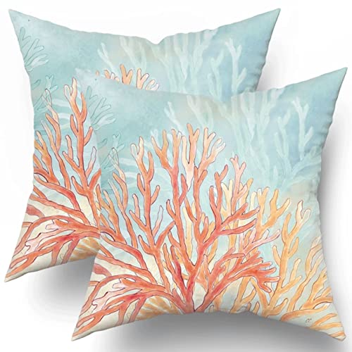 Giwawa Coastal Coral Throw Pillow Covers 18X18 Inches Set Of 2, Beach Ocean Seashell Themed Pillow Cushion Cases, Farmhouse Decoration Square Pillowcases For Sofa Couch Bedroom Living Room Car #TOP11