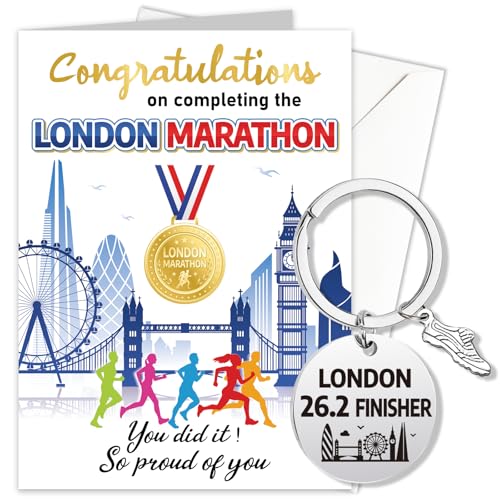 HOWAF Congratulations London Marathon Card Well Done Marathon Runner Card & London 26.2 Finisher Running Keyring Gifts for Runners Men Women Set B