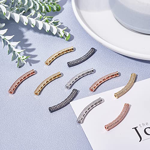 Nbeads 10Pcs Brass Micro Pave Cubic Zirconia Mixed Color Tube Beads Cz Curved Tube Charm Beads Bracelet Necklace Findings For Jewelry Making, 32.5X6.5X5Mm, Hole: 2Mm #TOP3