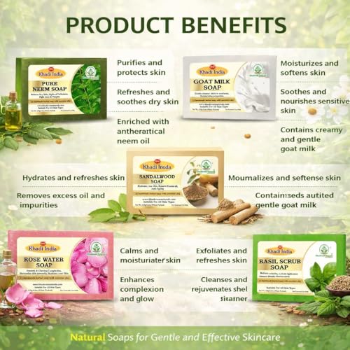 Image of Khadi Organic and Natural Handmade Bathing Soap for Men & Women | Assorted Herbal & Chemical-Free Face and Body Soap for Gentle Cleansing & Healthy Skin (Assorted Bathing Soap (Pack of 5))