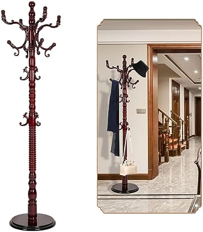 73" Wooden Coat Rack Stand With 14 Hooks - Freestanding Adjustable Height Hall Tree For Entryway (Red Sandalwood) - View #4
