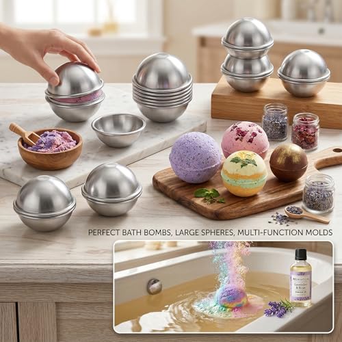 Bath Bomb Mold Set 16 Pieces Aluminum Alloy Round Bath Bomb Molds 8 Sets 7cm DIY Bath Bomb Making Supplies Sphere Mold for Handmade Bath Fizzers Dessert Pastry Crafting Soap and Baking Projects by HVQKKYBXU - Used condition - Image 6