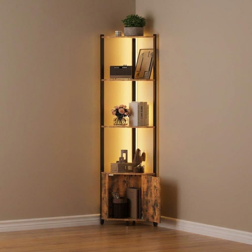 5-Tier LED Corner Shelf - Wall Mounted Corner Shelf with Adjustable Lights, Modern Metal & Wood Storage Rack, Space-Saving Floating Shelves for Living Room, Bedroom, Kitchen, Bathroom & Office