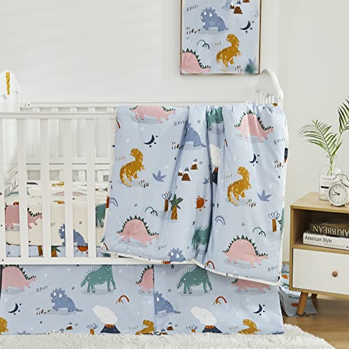 Image of Brandream Crib Bedding Sets for Boys 100% Cotton Roar Dinosaur Print Baby Nursery Bedding Blue Green Cream White Yellow 3 Pieces