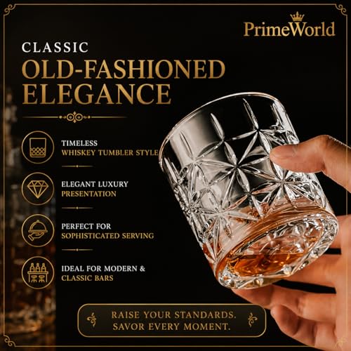 Image of PrimeWorld Premium Paris Crystal Whiskey Glasses Set of 6 pcs- 310 ml Bar Glass for Drinking Bourbon, Whisky, Scotch, Cocktails, Cognac- Old Fashioned Cocktail Tumblers