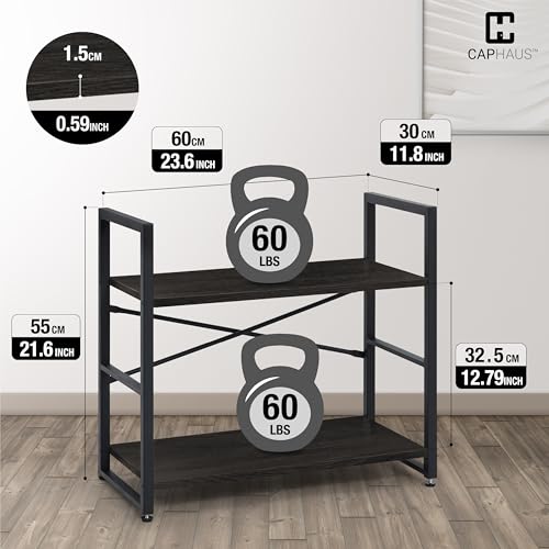 Image of CAPHAUS 2 Tier Small Bookshelf, 24 Inch Width Free Standing Shelf, Bookcase Shelf Storage Organizer, Industrial Book Shelves for Home Office, Living Room, Black Shelves & Metal Frame