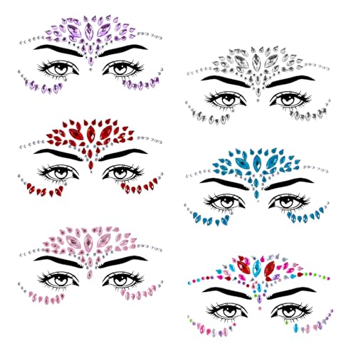 Conjunto de 6 pedras preciosas para rosto de sereia, rosto, corpo, olhos, tatuagens temporárias, autocolantes, pedras de cristal, jóias para maquilhagem, festas, carnaval, Páscoa, Halloween