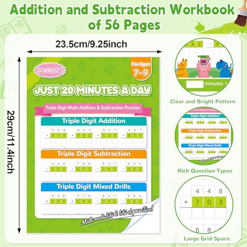 Image of Addition and Subtraction Workbook Triple Digit Math Practice Worksheets for 2nd 3rd Grade, Addition&Subtraction Worksheets One Page A Day Math for Ages 6-9, Math Repetition Exercise Daily, 56 Pages