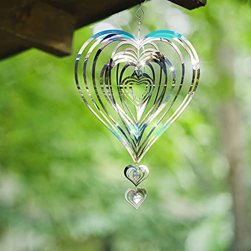 Chitidr 3D Stainless Steel Wind Spinner Beating Heart Wind Spinner Flowing-Light Effect Wind Chime With 2 Pieces Mini Heart Decor For Outdoor Garden Decorations #TOP6