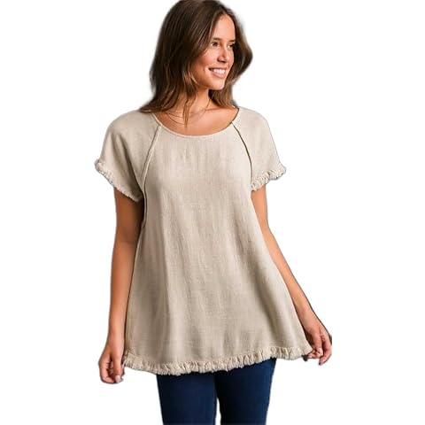 Umgee Linen Ruffle Fringe Edges Top (US, Alpha, Large, Regular, Regular, OATMEAL) Cover