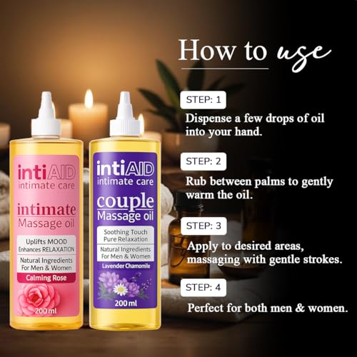 Image of Couple & Intimate Massage Oil Pack of 2 with Sensual Bliss of Lavender & Chamomile. Ideal for Couples Date Nights & Soothing Massage Experience. Non-Sticky Texture - 200ml Each