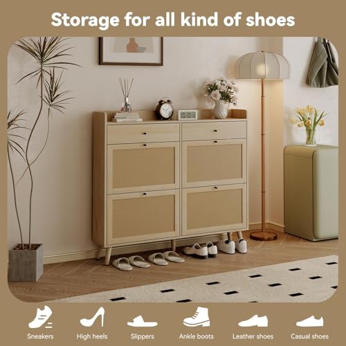 GarveeHome Shoe Cabinet with 4 Rattan Flip Drawers & 2 Drawer, Hidden Free-Standing Shoe Rack, Wooden Shoe Storage Cabinet with Legs for Entryway Hallway, Living Room