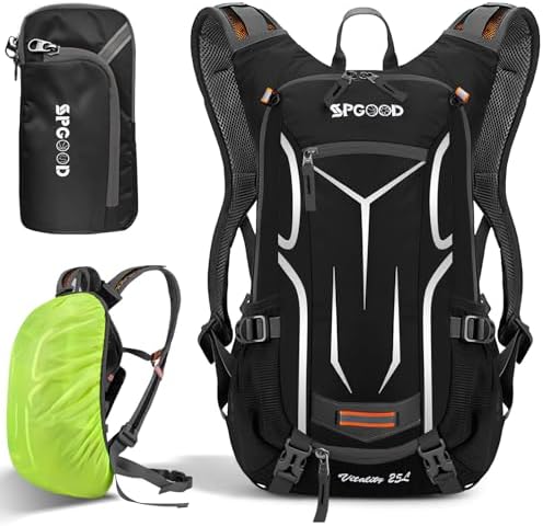 SPGOOD Fahrradrucksack 20/25/30L Wasserdicht & Leich(25L Grau Schwar) | 6 Farben MTB Rucksack für Herren & Damen mit Helmnetz Regenschutz, Trinksystem-Kompatibel für Radfahren, Kle