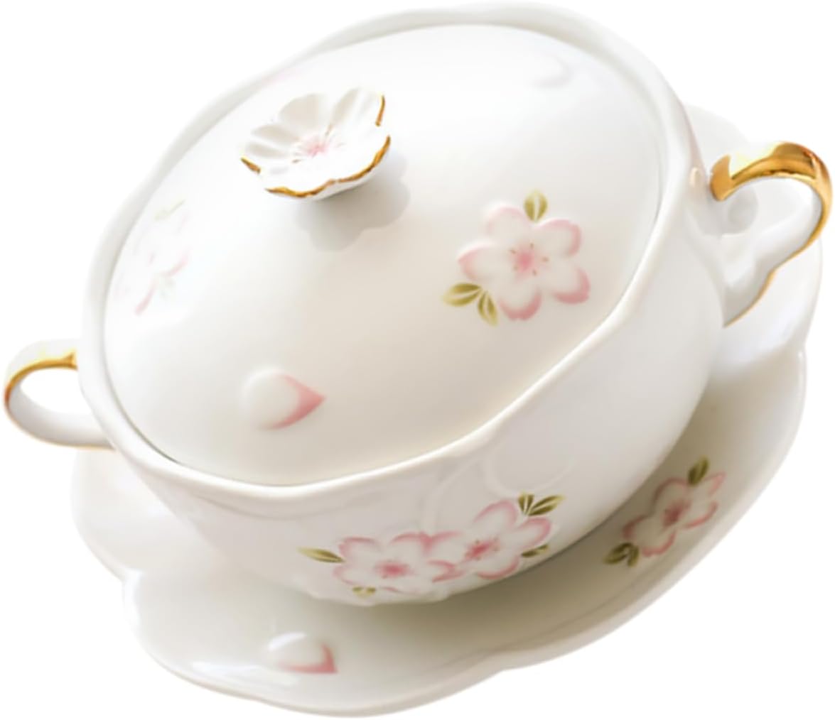 1set Elegant Embossed Double-eared Soup Bowl Ceramic Stew Pot for Desserts and Noodle Dishes for Home Parties and Restaurants White Gold Trim