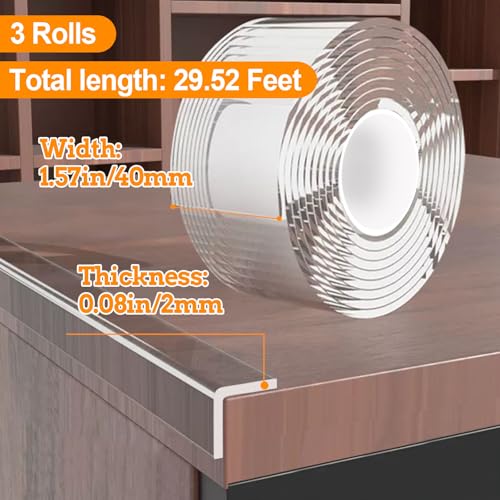 Image of 3 Pack Clear Edge Protector Strip,1.57 in x 9.84 FT,Sharp Edge Wrap Cover Tape,Self Adhesive Protective Bumper Guards for Cabinet Door Desk Glass Table Bed Furniture,Kitchen Countertop