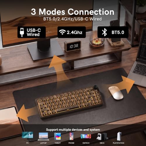 Image of womier L65 60% Brown Mechanical Keyboard with Knob,4000mAh,Tri Mode USB-C /BT5.0 /2.4G,RGB Backlit,Hot Swap,Linear Switch,Gasket Mounted Wireless Gaming Keyboard for PC /Mac,Wood Pattern Theme