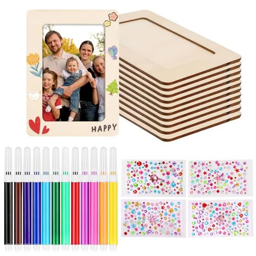 AIWMQYYF Bilderrahmen Holz Set zum Bemalen Selbstgestalten, 10 Stück Bilderrahmen Bastelset Holzbilderrahmen mit Glitzersteine Selbstklebend Moosgummi Sticker 3D Aufkleber, DIY Fotorahmen Holzrahmen
