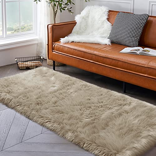 Image of Tangsoo 2x6 Beige Fluffy Faux Fur Runner Rug,Soft Sofa Couch Cover Cushion