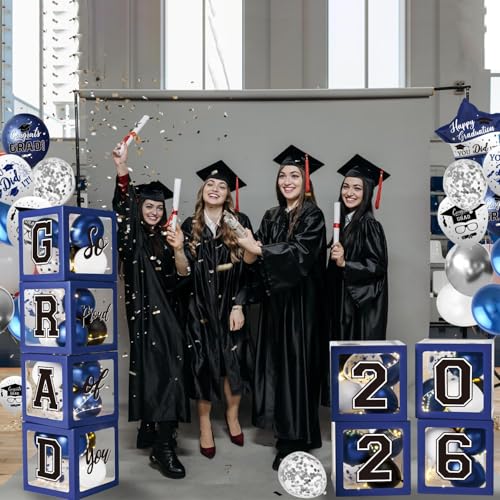 Image of Navy Blue Graduation Decorations Class of 2026 - Balloons Boxes with Letters 2026 GRAD So Proud of You - Complete Party Supplies for High School & College Celebrations