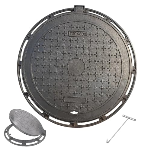Tapas de Alcantarilla Negras con Marco, Tapa de Alcantarilla de Aguas Residuales de Hierro Dúctil con Gancho, Tapa Alcantarilla Exterior Antideslizante y Antirrobo para Patios(60x60cm/24x24in)