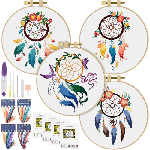 ERKOON 4 Set Embroidery Kit for Beginners, Cross Stitch Set Include Embroidery Cloth Hoops Threads for Craft Lover Hand Stitch with Embroidery Skill Techniques (Feather Wreath)