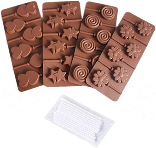 Juego de 4 moldes de silicona para piruletas – MoldFun Star Heart Spiral Daisy Flower Bandeja Pop de silicona para chupadores de gomitas de