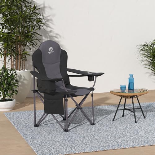 Coastrail Outdoor Camping Chair Oversized Padded Folding Quad Arm Chairs with Lumbar Back Support, Cooler Bag, Cup Holder & Side Pocket, Extra Head Pocket, Supports 400 lbs (Black, Modern)
