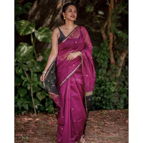 Image of Original Maheswari Cotton Silk Saree for Women | Kanjivaram Pure Silk Cotton Sari with Blouse | Zari Work | Tassels | Handloom Weave
