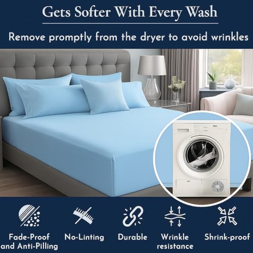 Image of Luxury Cotton Bedsheets - Double Size 90 x 100 Inches - Soft, Lightweight & Wrinkle-Free - Includes 2 Pillow Covers - Light Blue