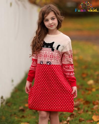 Funnycokid Little Girls Christmas Dress Xmas Knitted Sweater Dress Long Sleeve 2-11Y2