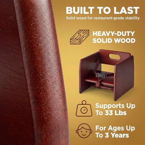 Image of Mahogany Wooden Dining Seat Riser for Restaurant Chairs - Stackable Rubberwood Seat Platform with Chair Strap & Non-Slip Pads, Commercial Restaurant Seating Accessory