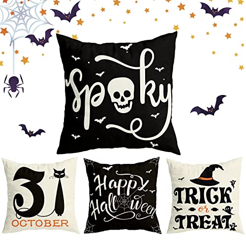 RioGree Halloween Decorations Pillow Covers 18x18 Set of 4 for Halloween Decor Indoor Outdoor, Party Supplies Farmhouse Home Decor Throw Pillows Cover Spider Web Cat Skull Decorative Cushion Case
