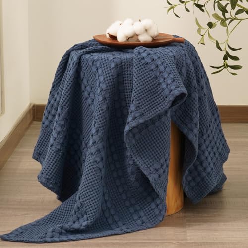Image of PHF 100% Cotton Waffle Throw Blanket for Couch, Lightweight Breathable and Soft for Summer, Luxury Aesthetic Waffle Weave Blanket for Home Decor & Office, Gifts for Women, 50 inchx60 inch, Indigo