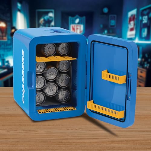 Image of Ukonic NFL Los Angeles Chargers 15-Can Mini Fridge 10L - AC /DC Powered, Official Team Colors & Logo, Portable Cooler for Tailgates, Home, Office, or Car