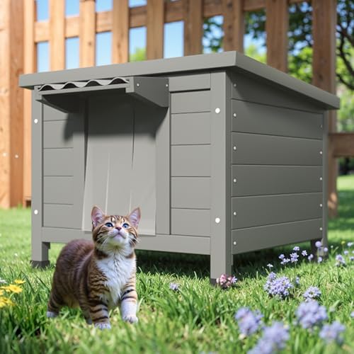 TIMHAKA Outdoor Cat House, Large Weatherproof Rabbit Hutch Hideout, Feral Cat House Outdoor Waterproof Shelter, Wooden Outside Pet House for Feral Cats, Rabbits, Chicken, 21.3