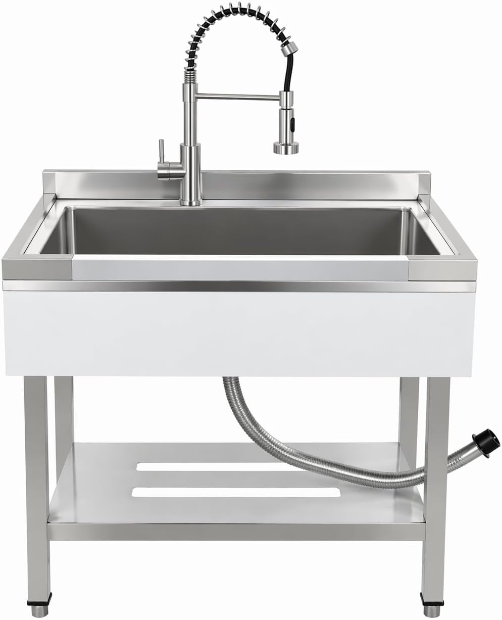 Stainless Steel Utility Sink, 31"X22" Large Single Bowl with Commercial Spring Pull-Down Faucet, Freestanding Workbench for Garage Basement Kitchen