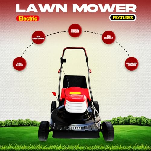 Image of RBD 16-Inch Electric Lawn Mower - High Power Corded Grass Cutter with 50L Collection Box, Steel Deck & Adjustable Cutting Height - Low Maintenance, Lightweight Push Mower for Home Garden & Landscaping