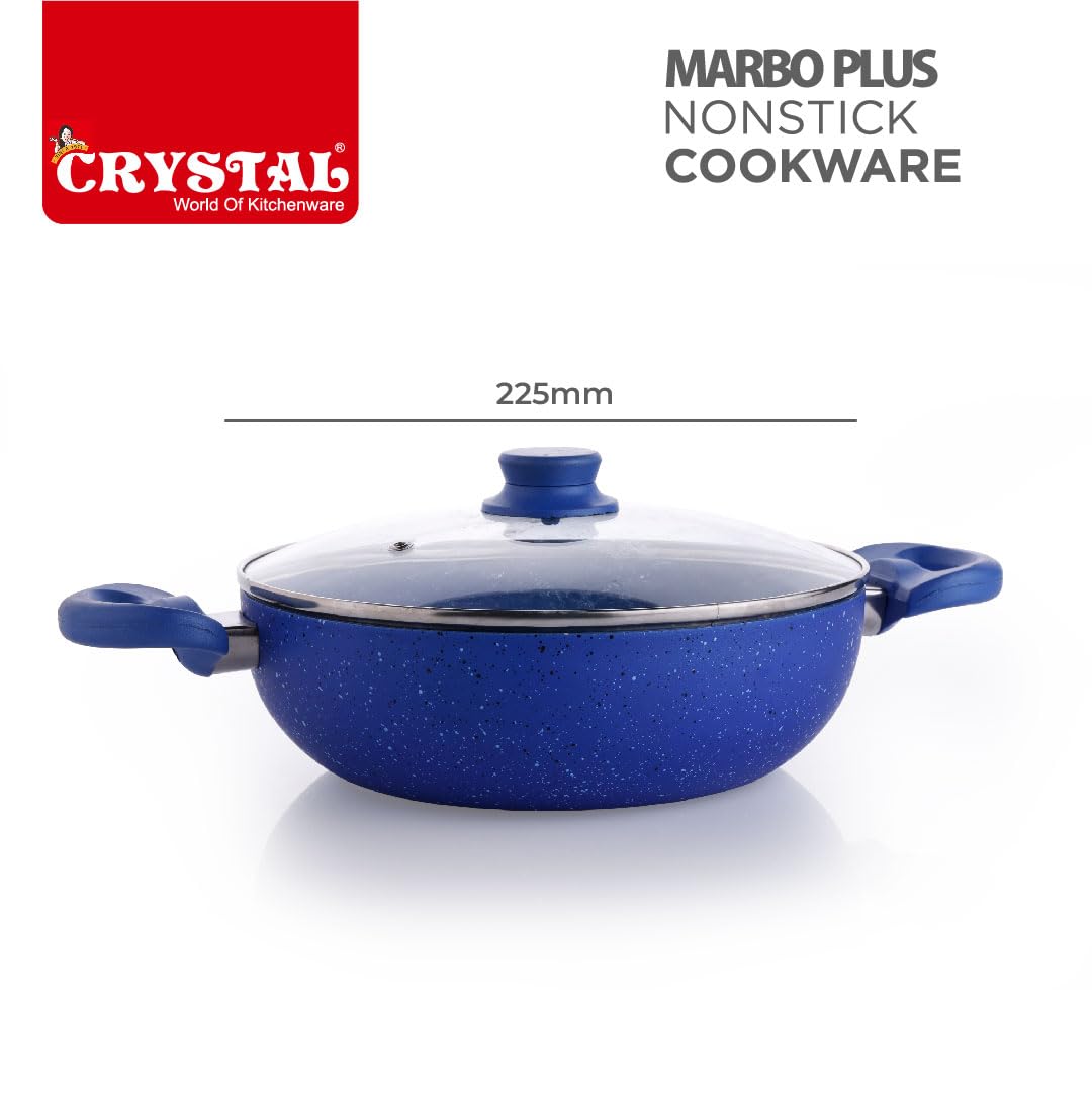 Crystal Marbo Plus Induction Bottom Nonstick kadai | Glass Lid | 225 mm | Thickness: 3mm | 5 Layer Coating | Metal Spoon Friendly | Blue - Image 5 thumbnail