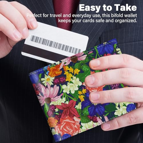 RFID Blocking Leather Wallet for Men Women, Bifold Multifunctional Card Holder Wallet with 12 Card Slots and Large Cash Pocket, Stylish Purse with Top Open, Small Photo Album-Flower Garden4