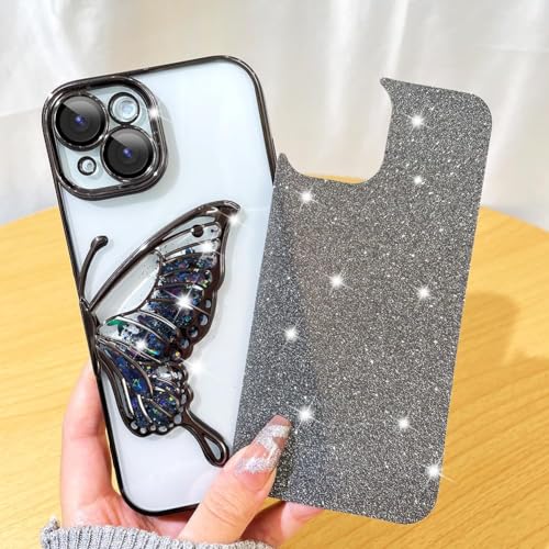 Image of SHINESTAR 3D Butterfly Case for iPhone 14, Cute Girly Glitter Bling Luxury Back Cover for Women Girls Protective Shockproof Slim Camera Protection (for iPhone 14 - Black